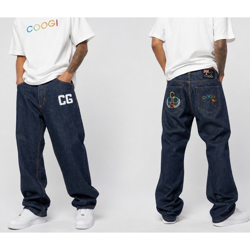 Y2K 90s COOGI authentic baggy denim jeans color block embroidered pocket 34